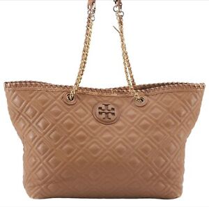 Authentic TORY BURCH Marion Chain Shoulder Tote Bag Leather Brown 5875E