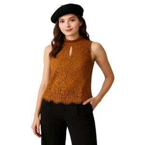 J.Crew Floral Lace Tank Top Women XS Brown Sleeveless Keyhole Ruffle Neck Blouse - Picture 1 of 8