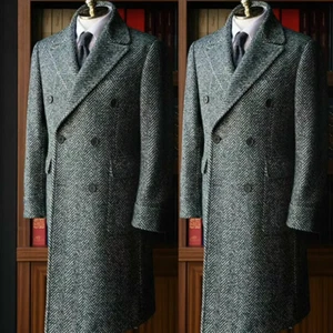 Winter Men's Herringbone Overcoat Double-breasted Long Woolen Jacket Blazer Coat - Picture 1 of 8