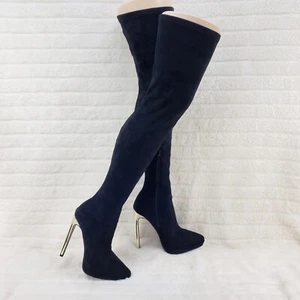 Botas para el muslo Girlz Revenge sintéticas elásticas negras gamuza tacón alto punta puntiaguda plataforma - Imagen 1 de 12