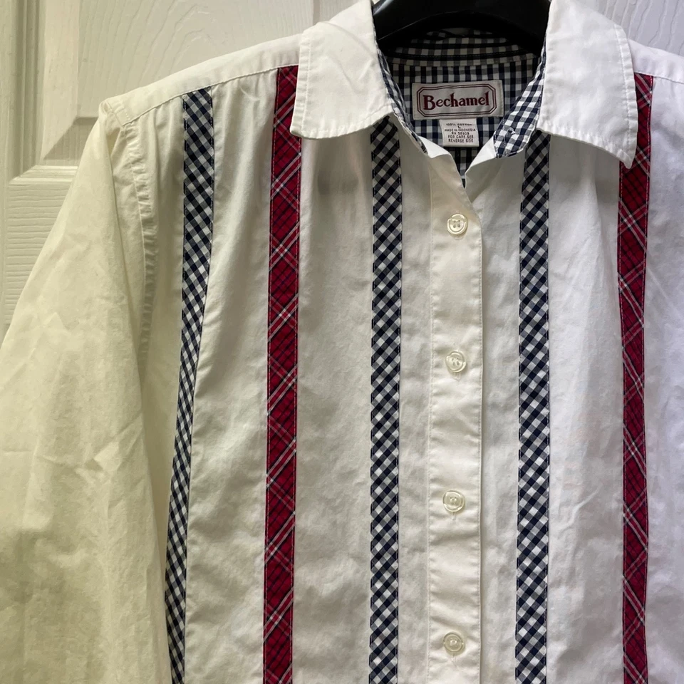 Vintage Bechamel Mujer Talla L Retazos Rayas Cuadros Guinga Algodón Abotonado Foto 1 de 4