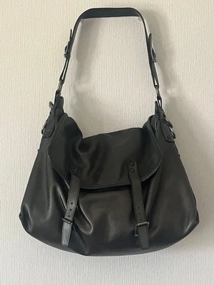 Hogan Grained Leather Buckle Flap Shoulder Bag Adjustable Strap Black From Japan - Image 1 of 4