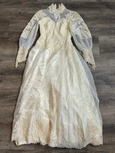 Vintage Wedding Dress Lace Long Sleeve Train Prairie Cottagecore 80s 90s UpCycle - Picture 1 of 24