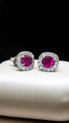 1.50 Ct Lab Grown Ruby and Diamond Earrings 14k White Gold GIA Authenticated - Image 1 of 4