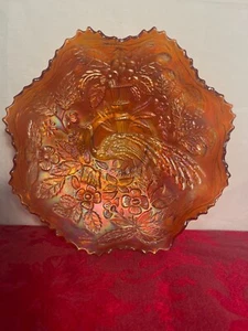 Vintage Fenton Iridescent Marigold Peacock and Urn Ruffled Sawtooth Edge Bowl - Picture 1 of 10