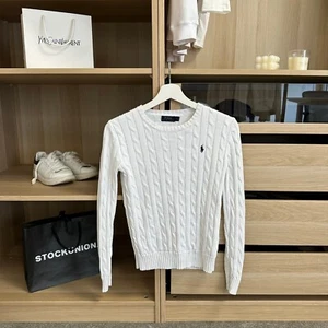 Polo Ralph Lauren Womens Cable-Knit Jumper Size XS White Crewneck Logo Sweater - Picture 1 of 6