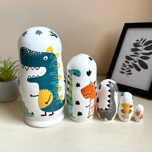 Dino Nesting Doll 5pcs 6” Montessori Wooden Set with Dinosaurs Kids Toy and Game - Picture 1 of 5