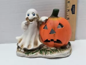Vintage Halloween Porzellan Kürbis Geist Teelichthalter - Bild 1 von 7