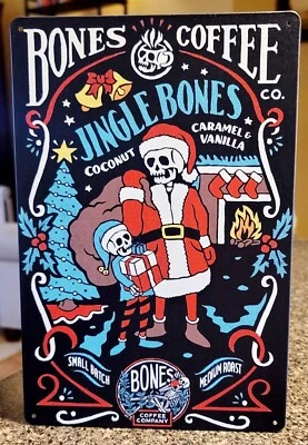 Placa de metal Bones Coffee Jingle Bones tamanho 8 x 12 polegadas decoração caverna homem nova  - Imagem 1 de 2