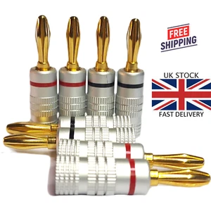 8x Enchufes Profesionales Banana HiFi Calidad Pro Enchapados en Oro 24K Rojo/Negro Reino Unido - Imagen 1 de 5