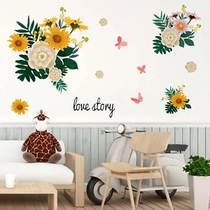 Colorful Flower Wall Decals, Yellow Daisy Floral Wall Stickers, Flower with B... - Picture 1 of 7