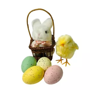 Vintage Easter Lot Miniature Plush Bunny in Basket Plush Chick Speckled Eggs - Picture 1 of 6