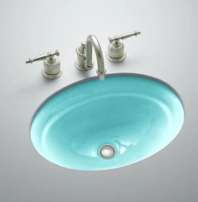 Lavabo de baño ovalado con montaje inferior de hierro fundido KOHLER vintage en verde vapor Foto 1 de 2