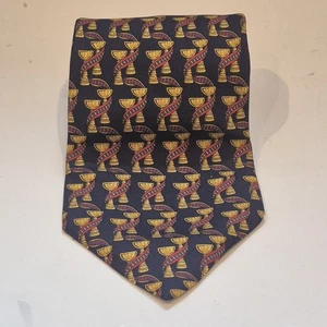 SALVATORE FERRAGAMO SILK MENS TEXTURED MOTIF NECK TIE NAVY BLUE GOLD - Picture 1 of 9