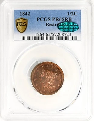 1842 BRAIDED HAIR 1/2C PCGS PR 65 RB - Image 1 of 4