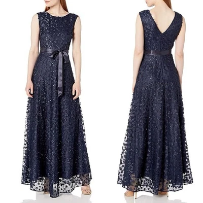 Tahari полуночный синий 3D цветочный аппликация крышка рукав ленты галстук пояс макси платье 6 - Изображение 1 из 4