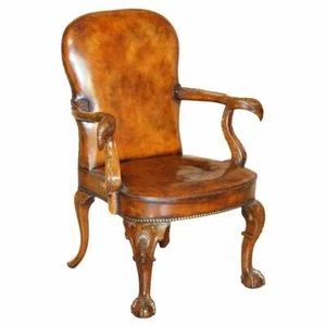 FULLY RESTORED VINTAGE EAGLE ARMED CLAW & BALL FEET BROWN LEATHER ARMCHAIR - Picture 1 of 12