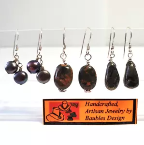 3 PC Lot Handcrafted STERLING 925 SILVER EARRINGS EarthTone Stones Pyrite Jasper - Picture 1 of 7