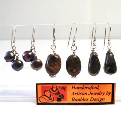 Lote de 3 piezas pendientes artesanales de plata de ley 925 tono tierra pirita piedra jaspe Foto 1 de 4