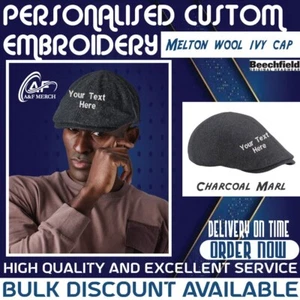 Personalised Embroidered Beechfield BC623 Melton Wool Ivy Cap Flat Vintage Hat - Picture 1 of 2