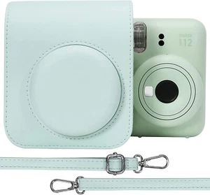 For Fujifilm Instax Mini 12 Case Mint Green PU Leather Cover + Adjustable Strap - Picture 1 of 7