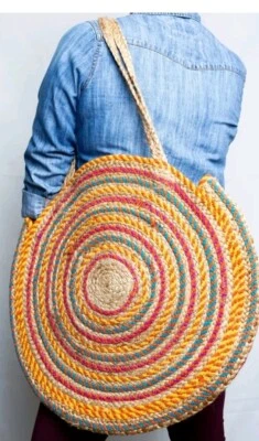 Magid Circle Shoulder Bag - Jute Straw  Multicolor Woven Straw Jute 17"-India - Image 1 of 4