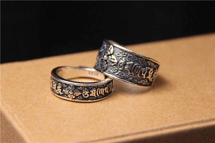 B25 Anello Vajra 6 Wort Mantra Paio Partner Anello Nuziale Amicizia Argento 925 - Immagine 1 di 4