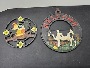 Cast Iron Rooster & Dairy Farm Cast Iron Welcome Cow Trivets (2) - Picture 1 of 9