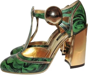 Dolce & Gabbana Pumps Malachite Mary Jane Shoes VALLY Gold Block Heels 36.5 - Picture 1 of 12