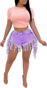 Denim Shorts for Women, High Waisted Frayed Raw Hemline Ripped Tassels Juniors - Picture 1 of 3