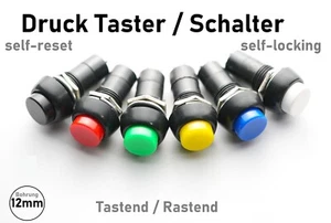 Druck Taster / Schalter Schließer Button Hupe Ø12mm OFF-ON 1 Polig Rund 12V 220V - Bild 1 von 16