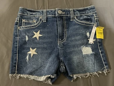 RSQ 女孩牛仔短裤 8 码复古高腰星星磨损 TillysShorts — 第 1/4 张图片