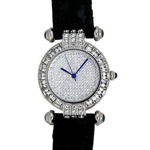 Adrienne Vittadini Crystal Pave Dial Silver Tone Bezel Black Leather Strap - Picture 1 of 10