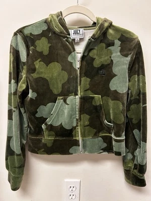 Juicy Couture Terciopelo Cremallera Sudadera con Capucha Chaqueta Camuflada Verde Floral Corona Logo Talla S Foto 1 de 4