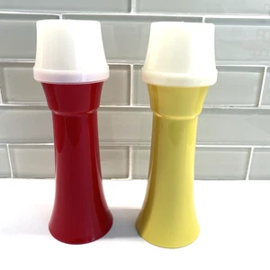 718 TUPPERWARE MUSTARD AND KETCHUP PUMP CONTAINERS SET OF TWO RED YELLOW NEW - Picture 1 of 5