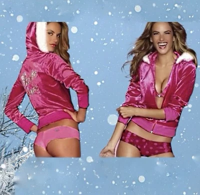 全新带标签 复古 90 年代 Victoria's Secret 圣诞老人粉色丝绒夹克 带人造毛皮帽 — 第 1/4 张图片