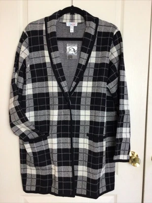 Denim and Co. Chaqueta suéter con cuello de un solo botón negro a cuadros con bolsillos L Foto 1 de 4