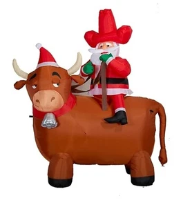 CHECK IT! WEIHNACHTSREQUISITE 6' COWBOY WEIHNACHTSMANN REITET AUF EINEM LONGHORN KUHHOF AUFBLASBAR - Bild 1 von 3