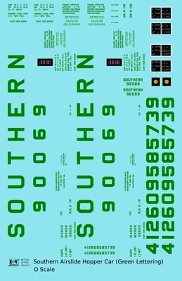 K4 O Scale Decals Southern Railway Airslide Hopper Car Green Block Lettering - Image 1 of 3