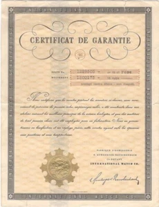 Garantie-Zertifikat „CERTIFICAT DE GARANTIE“ der INTERNATIONAL WATCH CO. - Picture 1 of 2