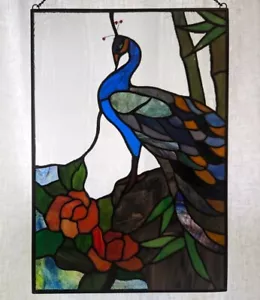 Gorgeous 16" X 11" Vtg Tiffany Style Stained Glass Peacock Sun Catcher Excellent - Picture 1 of 11