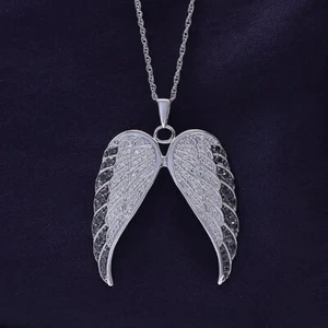 1/2 Ct White & Enhanced Black Natural Diamond Angel Wings Pendant 925 Silver - Picture 1 of 8