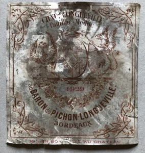 Étiquette de vin de Bordeaux — 2d grand cru — Baron de Pichon-Longueville — 1929 - Bild 1 von 2