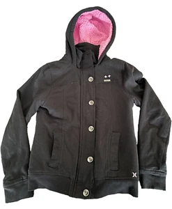 Hurley Girls Jacket Black with Pink Sherpa Lined XLarge 14/16 Zipper and Button - Picture 1 of 11