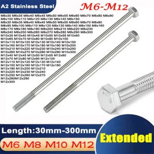 Extended Hex Head Bolts Part Threaded Hexagon Screws A2 Stainless M6 M8 M10 M12 - Picture 1 of 116