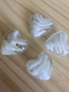 4 Lampwork Glass CLEAR WHITE SWIRL HEART  3D Puffy 30mm Heart Beads JEWELRY 
