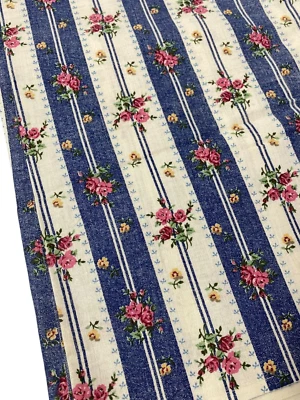 Vintage Marcus Brothers Fabric 2 Yds Blue White Floral Stripe Pink Yellow Roses - Image 1 of 4