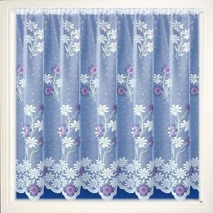 LAVENDER PINK DAISY FLOWERS WHITE SHORT DROP WINDOW NET CURTAIN BY THE METRE 
