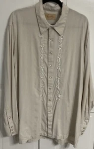 Scully 100% Seda Para Hombre XL Western Rockabilly Perla Botón a Presión Bordado Beige - Imagen 1 de 12
