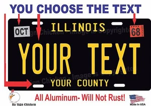 Illinois License Plate Personalized Custom Car Bike Motorcycle Moped - BLACK - Picture 1 of 2